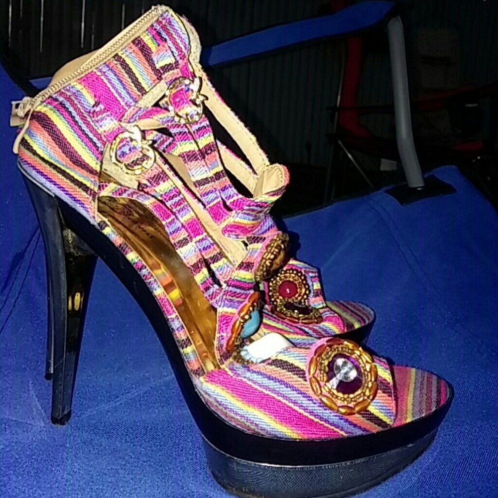 Pink Apple Bottoms striped open toe stilettos